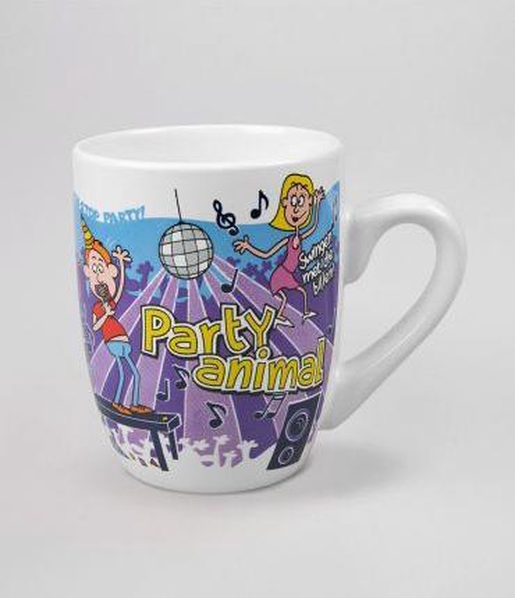 Mok - Cartoon Mok -Party Animal - Gevuld met een toffeemix - Met zijden lint met de tekst: "Speciaal voor jou" - In cadeauverpakking met gekleurd krullint
