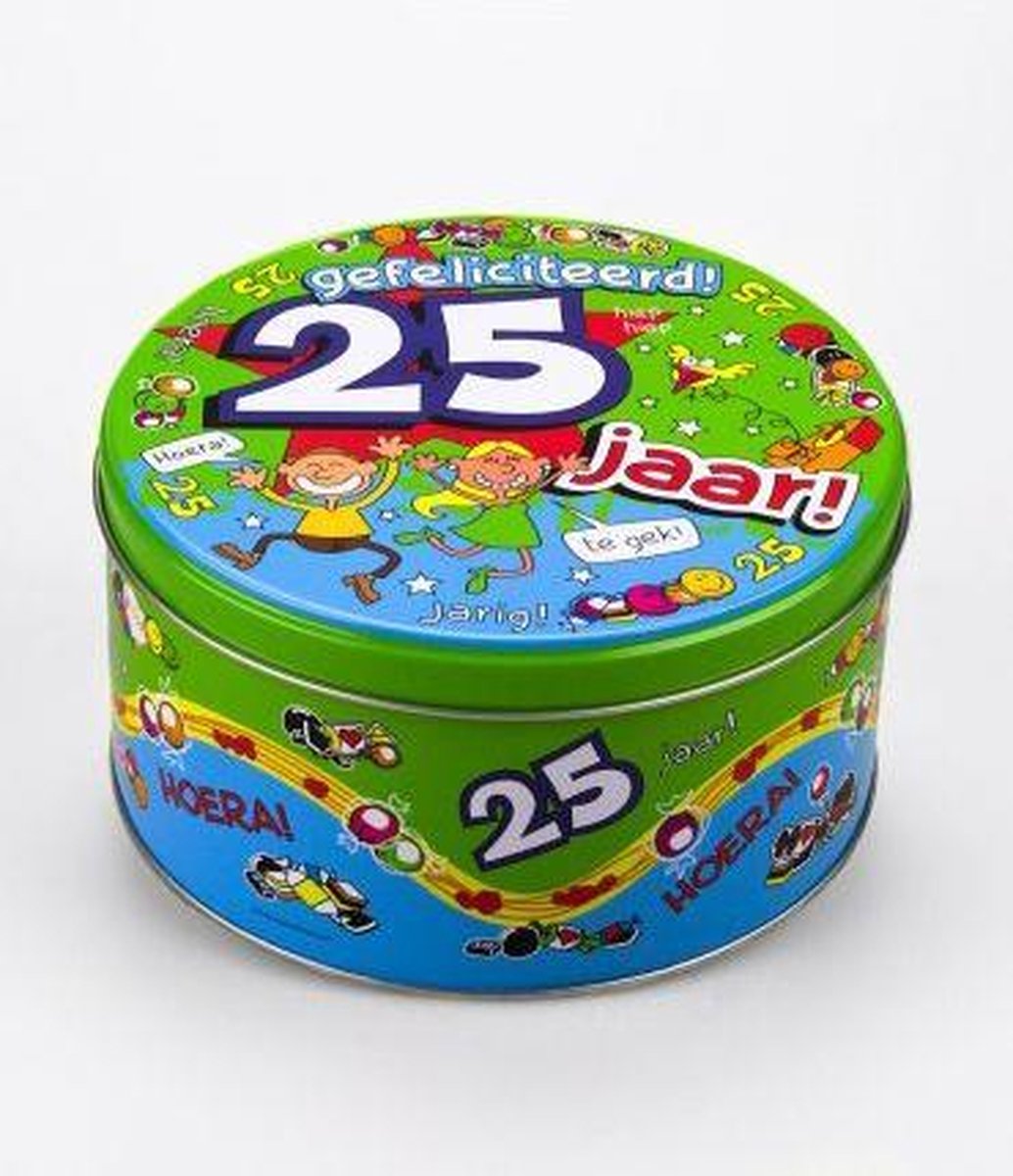 Verjaardag - Snoeptrommel - 25 jaar - Gevuld met verse snoepmix - In cadeauverpakking met gekleurd lint