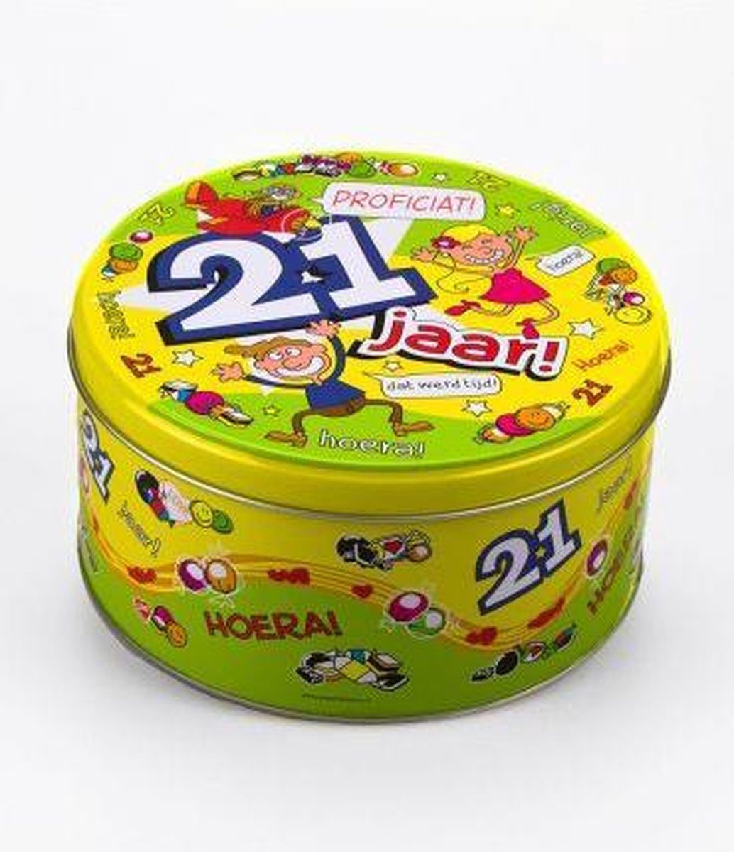 Verjaardag - Snoeptrommel - 21 jaar - Gevuld met snoepmix - In cadeauverpakking met gekleurd lint