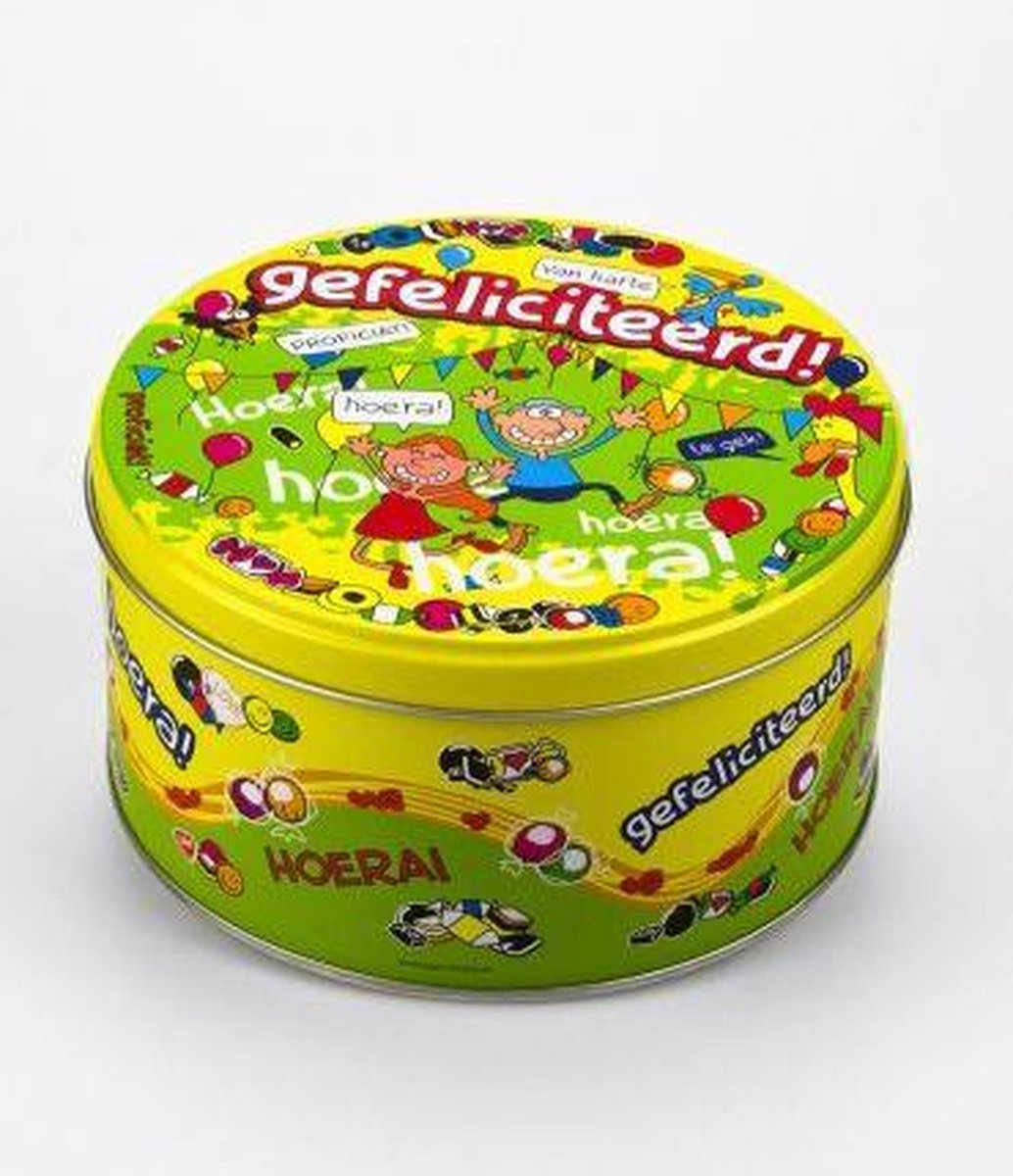 Verjaardag - Snoeptrommel - Gefeliciteerd - Gevuld met verse snoepmix - In cadeauverpakking met gekleurd lint