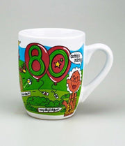 Verjaardag - Cartoon Mok - Hoera 80 jaar - Gevuld met een dropmix - In cadeauverpakking met gekleurd lint
