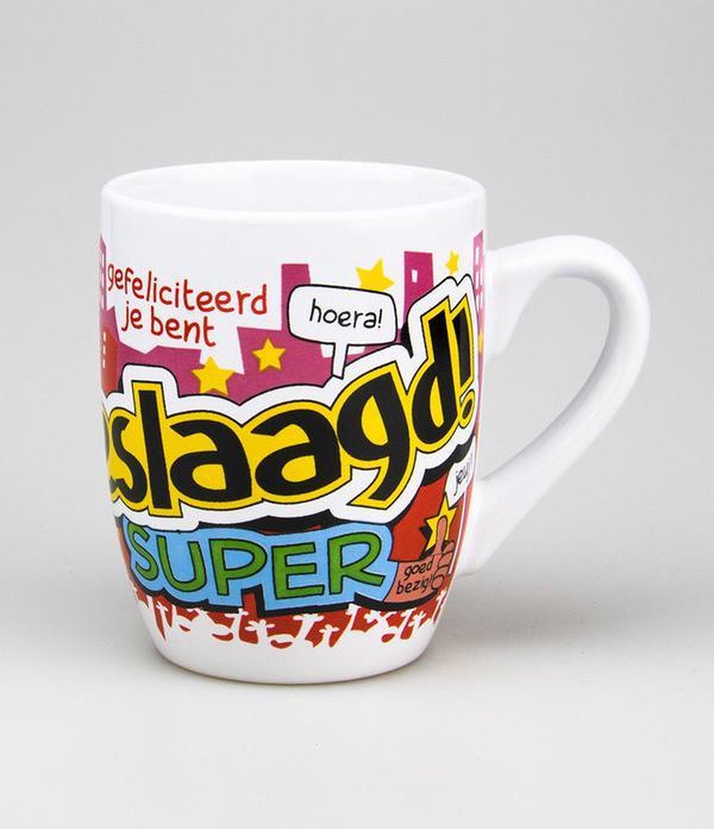 Geslaagd - Mok - Cartoon mok - Geslaagd! - Super - Gevuld met verpakte Sorini bonbons - In cadeauverpakking met gekleurd lint