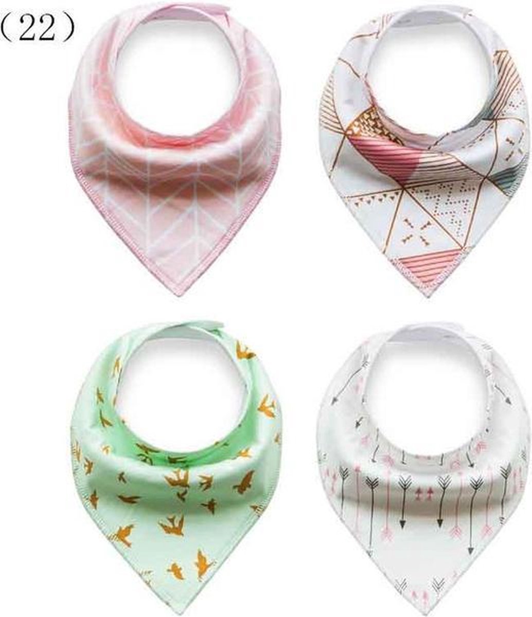 JillyBee - Slab - Slabbetje - Slabber - Bandana - 4pack - Vogels - Pijl - Vogel - Pijlen - Roze - Groen - Wit