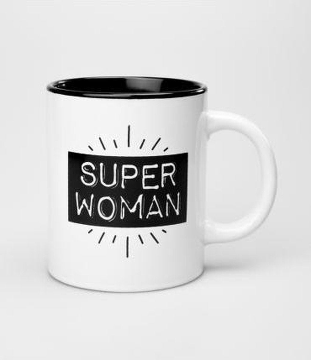 Zwart Wit Mok - Super Woman - Gevuld met dropmix -  In cadeauverpakking met gekleurd lint