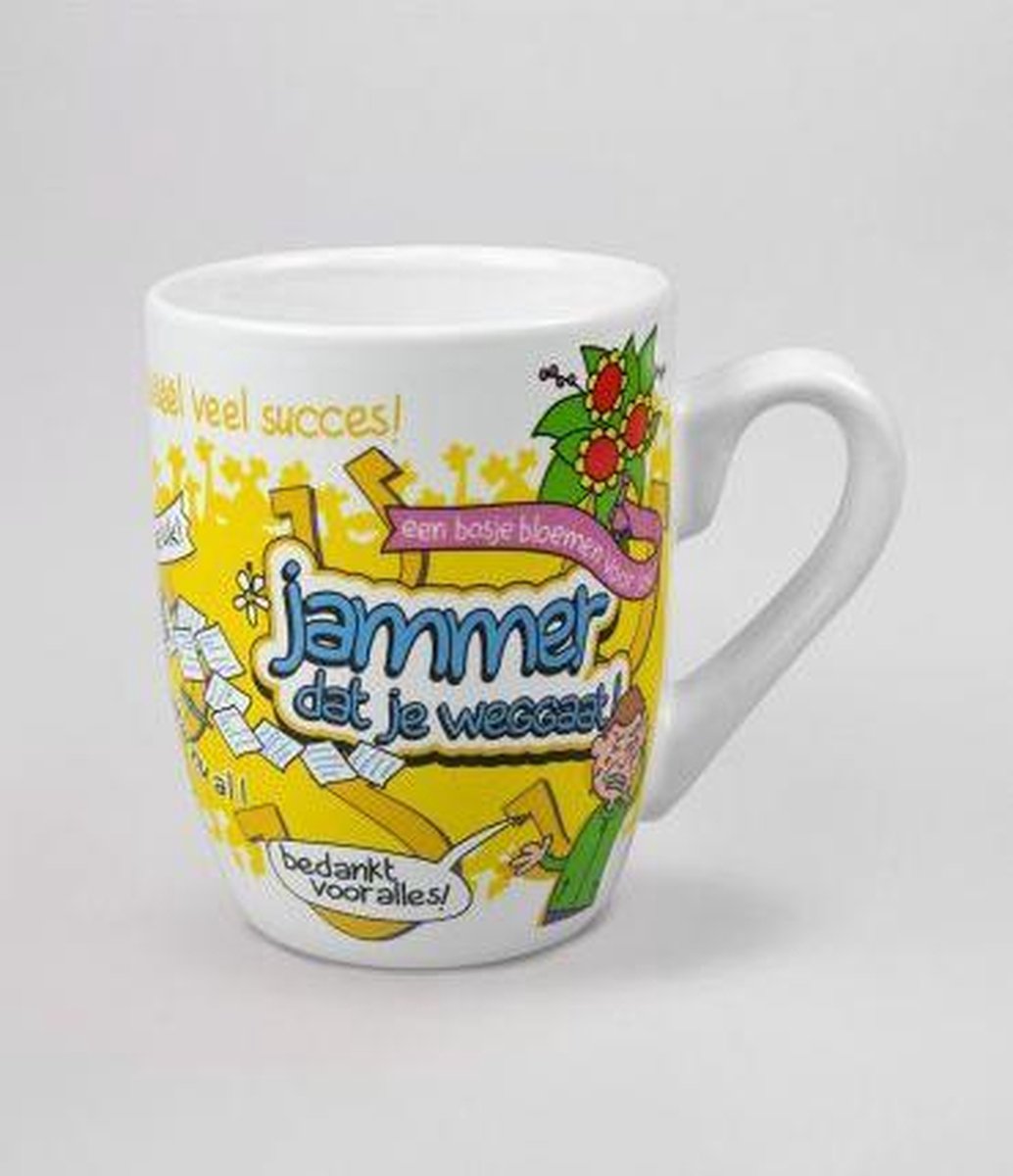 Mok - Cartoon Mok -  Jammer dat je weggaat - Afscheid - Gevuld met een dropmix - In cadeauverpakking met gekleurd krullint