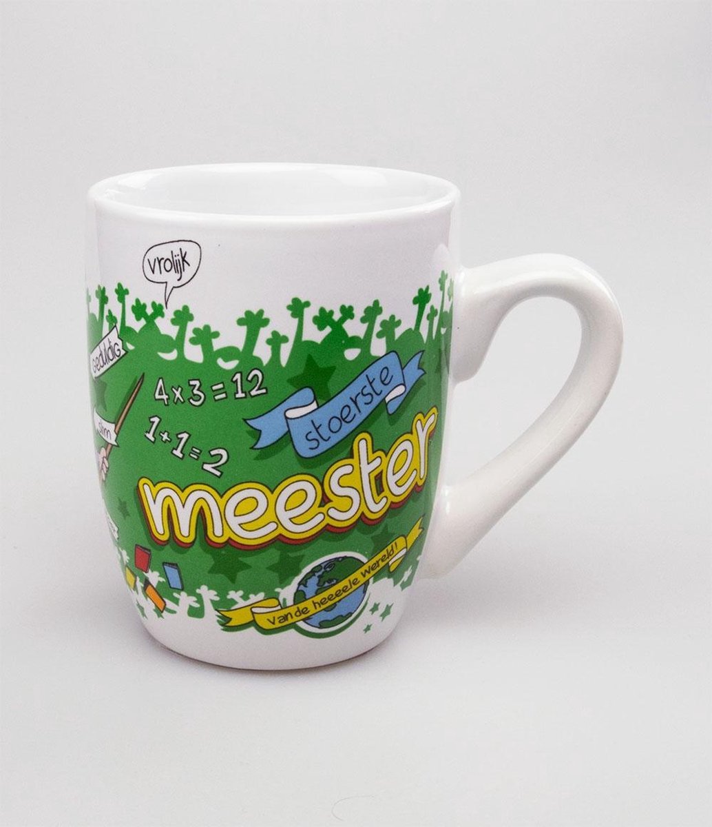 Einde schooljaar - Mok - Meester - Gevuld met een verpakte toffeemix - In cadeauverpakking met gekleurd lint