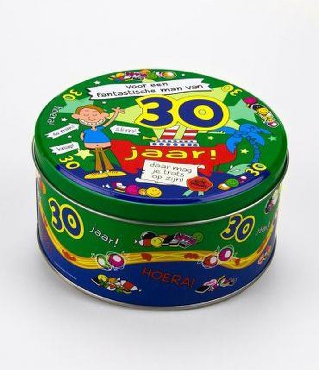 Verjaardag - Snoeptrommel - 30 jaar Man - Gevuld met verse snoepmix - In cadeauverpakking met gekleurd lint