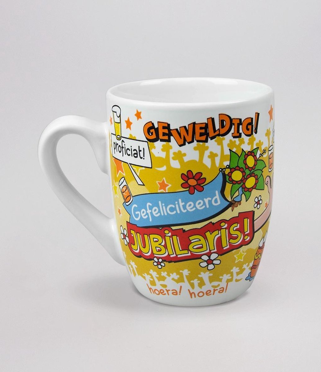 Mok - Cartoon Mok -  Gefeliciteerd Jubilaris - In cadeauverpakking met gekleurd lint