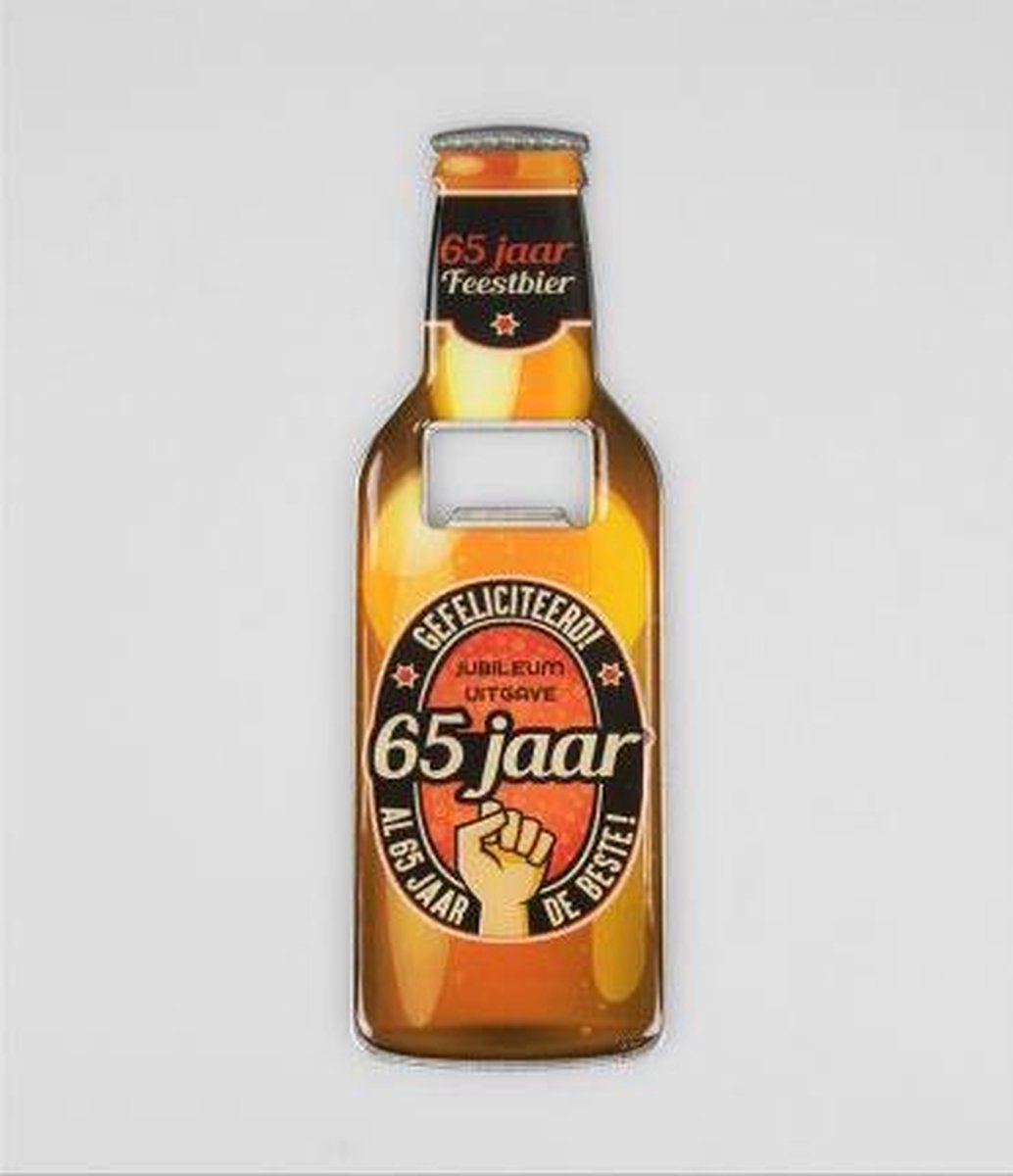 Bieropener -Magnetisch - 65 jaar - In cadeauverpakking met gekleurd lint
