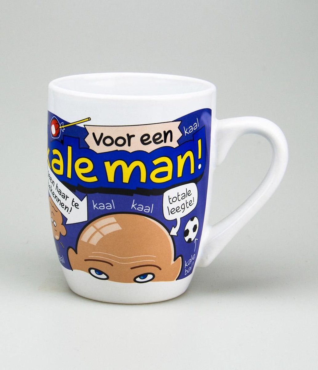 Mok - Cartoon Mok - Voor een kale Man - Gevuld met een toffeemix - In cadeauverpakking met gekleurd krullint