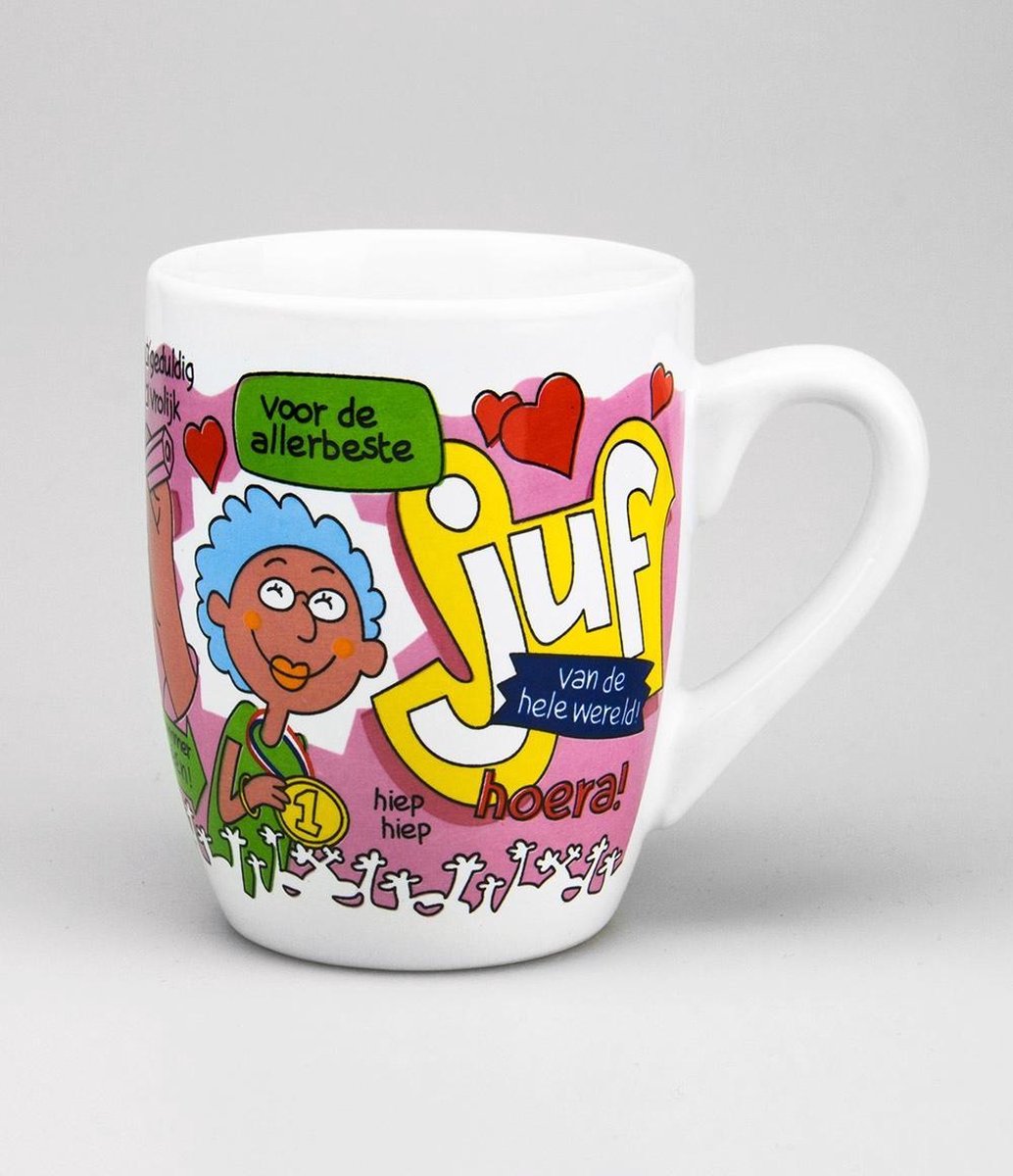 Einde schooljaar - Mok - Voor de aller-allerbeste Juf van de hele wereld - Gevuld met een snoepmix - In cadeauverpakking met gekleurd lint