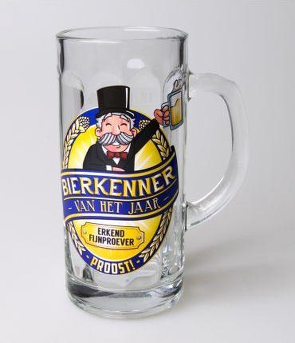 Bierpul - Bierkenner van het jaar! - Gevuld met gele snoepmix - En een schuimkraag van witte snoepmix - In cadeauverpalling met gekleurd lint