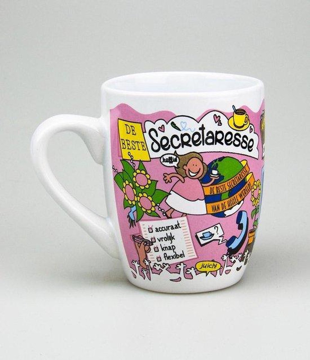 Mok - Cartoon Mok - Allerbeste secretaresse - Gevuld met verpakte Italiaanse bonbons - In cadeauverpakking met gekleurd krullint