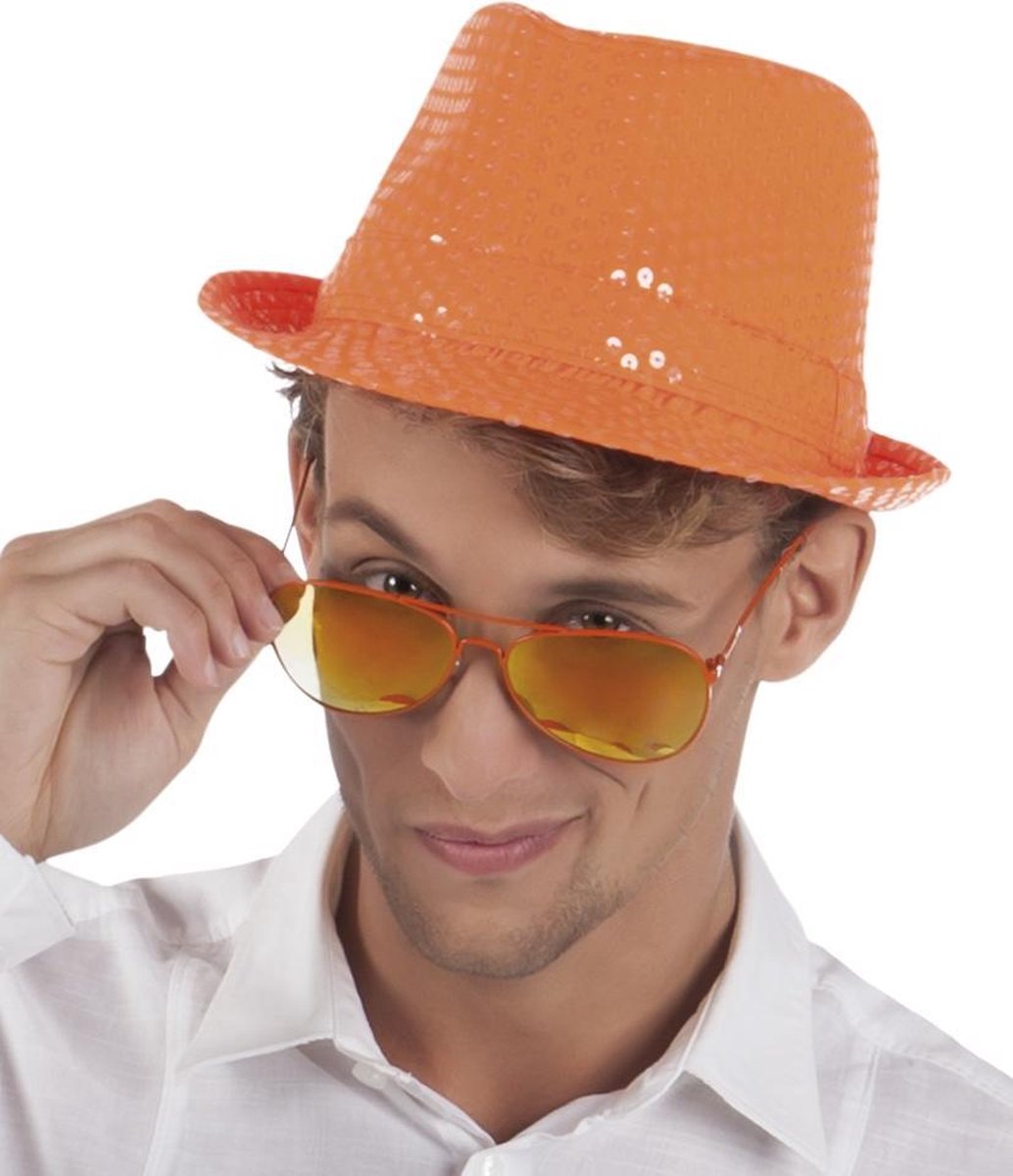 12 stuks: Hoed Popstar spangles neonoranje