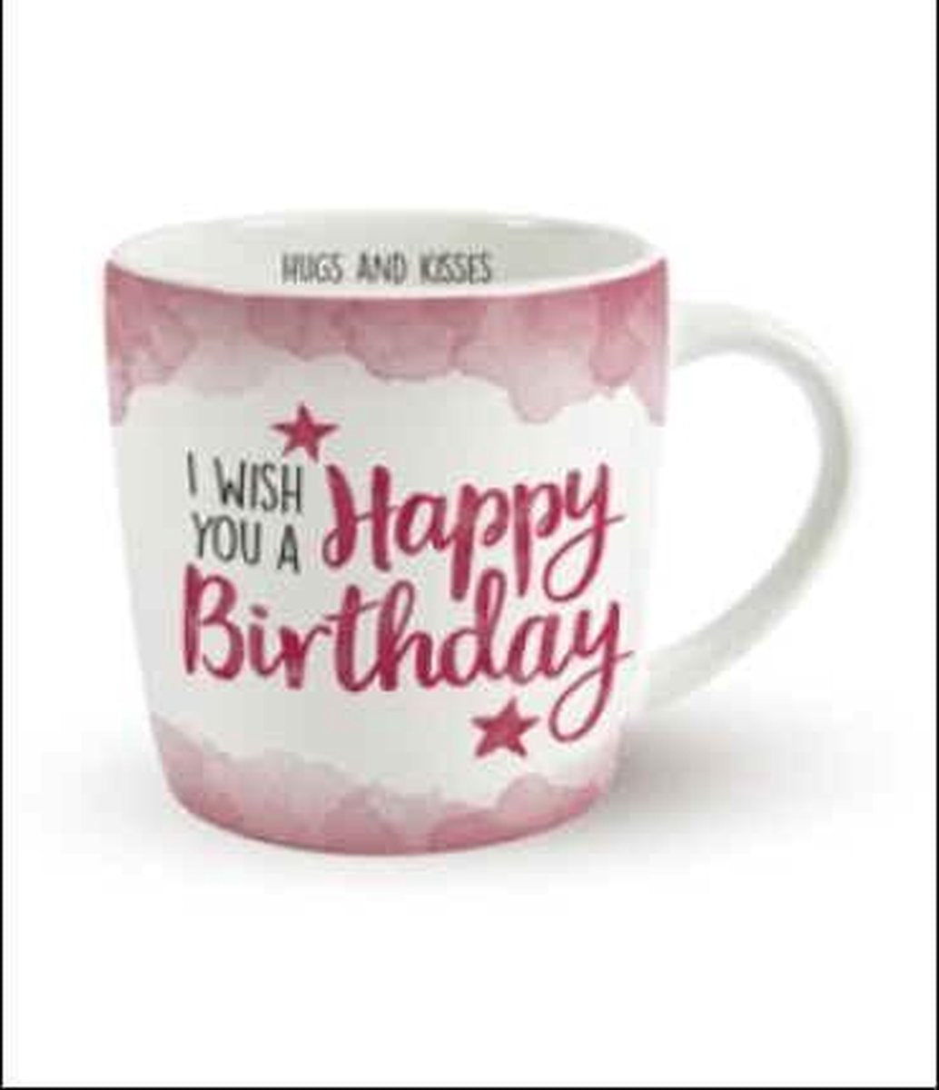 Enjoy Mok - I wish you a Happy Birthday - Gevuld met verpakte Italiaanse Sorini bonbons - In cadeauverpakking met gekleurd lint - GRATIS: zijden lint met de tekst: "Speciaal voor jou"