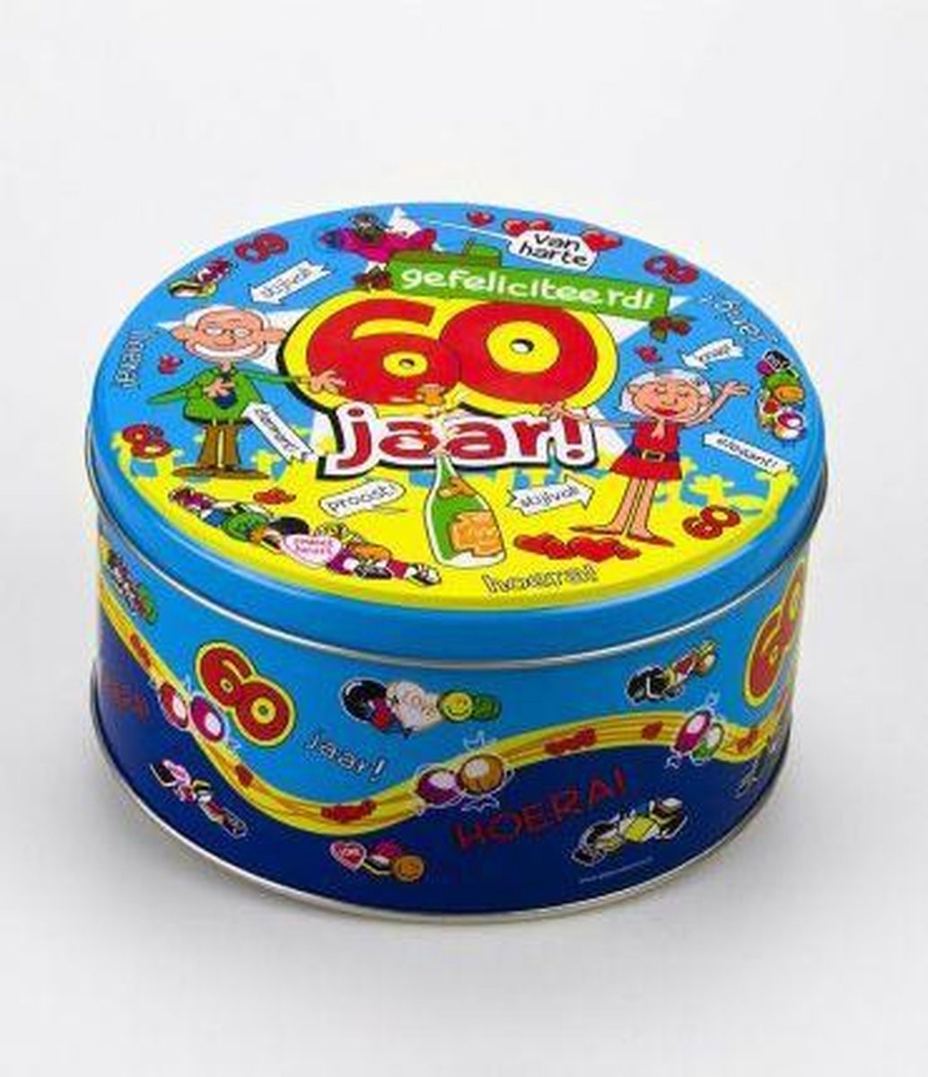Verjaardag - Snoeptrommel - 60 jaar - Gevuld met snoepmix - In cadeauverpakking met gekleurd lint