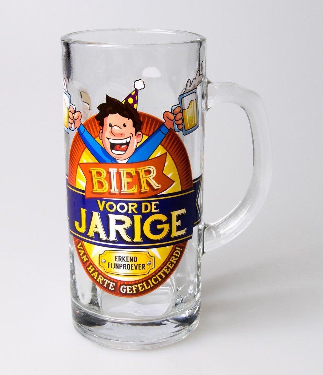 Bierpul - Bier voor de jarige - Van harte gefeliciteerd! - Gevuld met gele snoepmix - En een schuimkraag van witte snoepmix - In cadeauverpalling met gekleurd lint