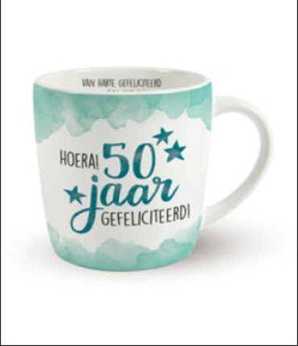 Enjoy Mok - Hoera 50 jaar - Gevuld met dropmix - In cadeauverpakking met gekleurd lint - GRATIS: zijden lint met de tekst: "Speciaal voor jou"