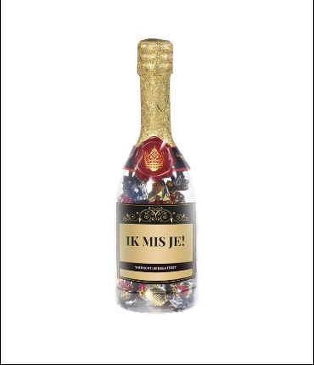 Champagnefles - Ik mis je - Gevuld met een Valentijnsmix - In cadeauverpakking met gekleurd lint