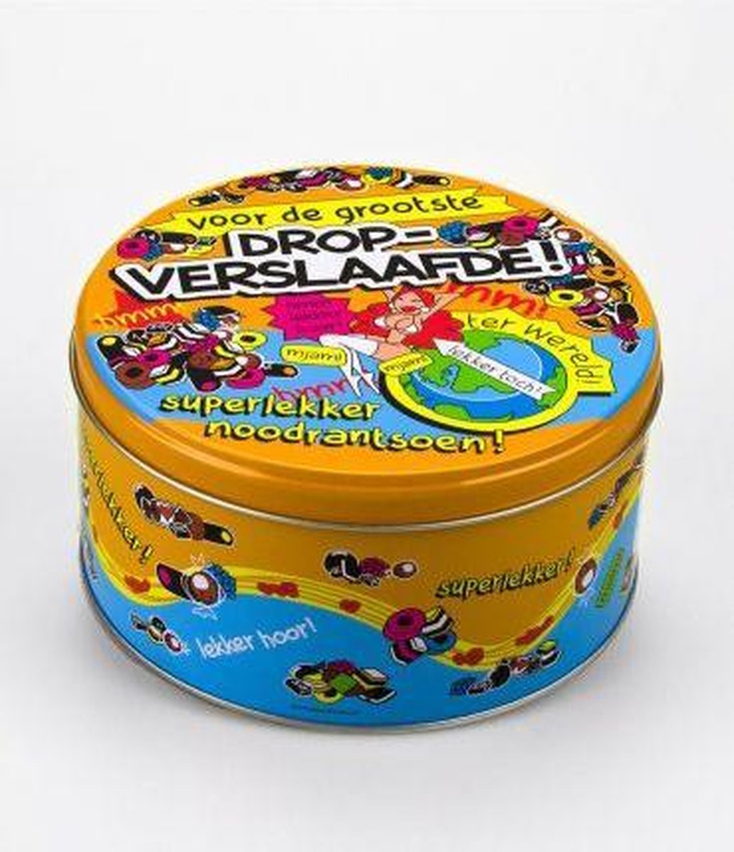 Snoeptrommel - Dropverslaafde - Gevuld met snoepmix in cadeauverpakking met gekleurd lint