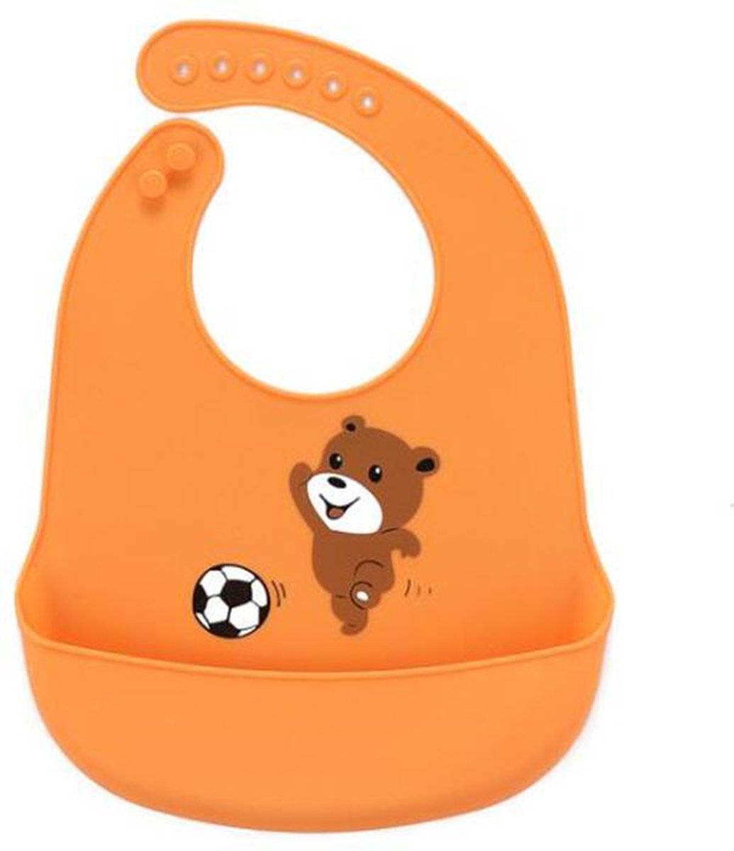 Siliconen Slabbetje met opvangbak - Beer met voetbal oranje EK | BPA - Vrij | Baby en Peuter Slabbetje