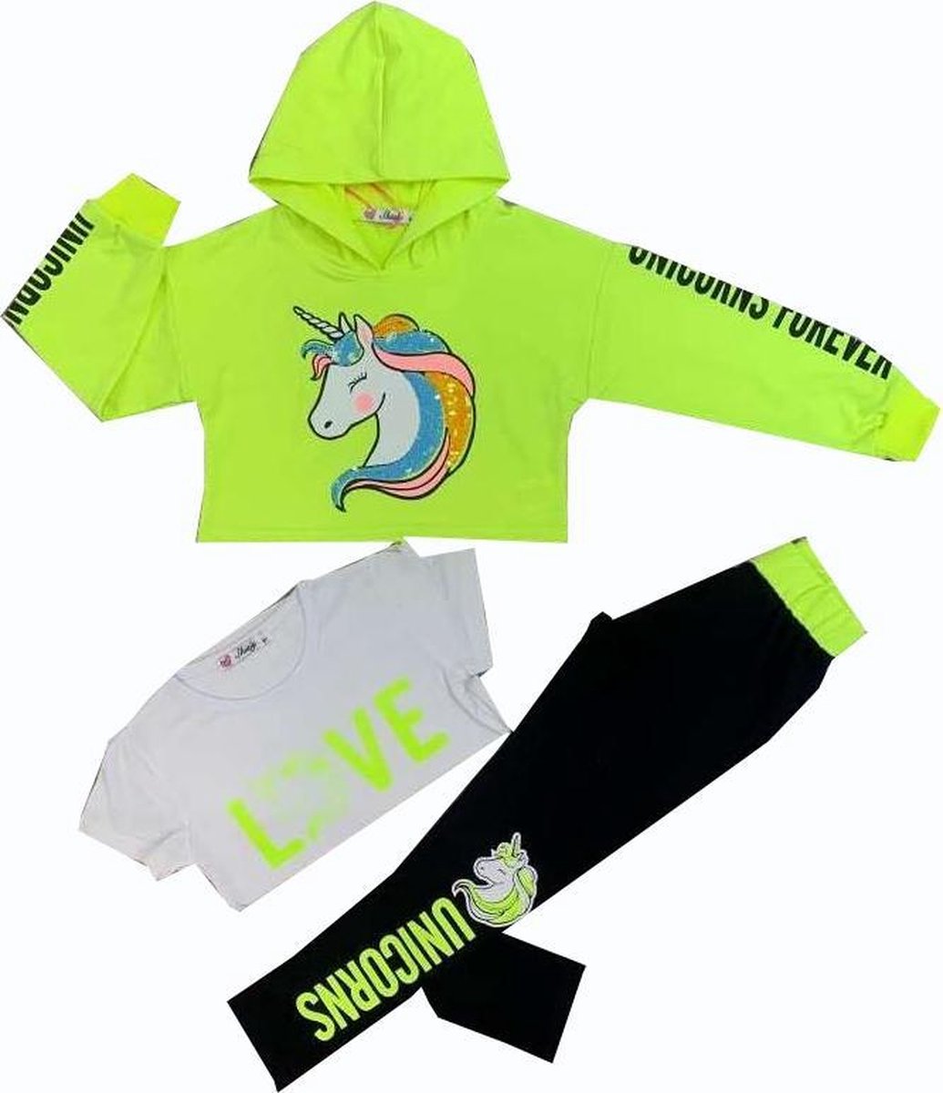 meisjes 3-delig unicorn crop-top loungewear set | trainingspak | GROEN| maat 6 JAAR GF2