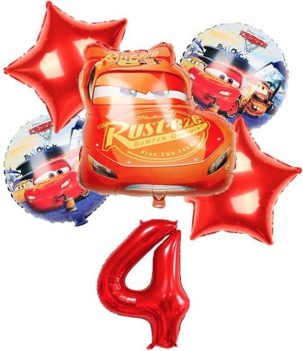 Geweldig 6 delig ballonpakket met 'Cars' en grote cijfer 4 (1 meter hoog)