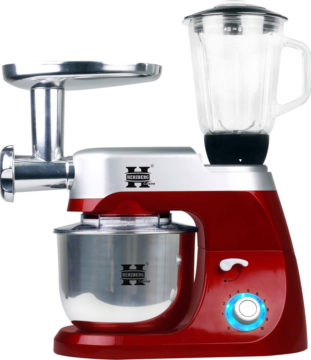 Herzberg - Keukenmachine Multifunctionele -  Keuken robot 5 Liter - 3 in 1 Keukenrobot mixer xl - 10 snelheden - Met Planetaire Slagkracht - Rood Kleur - HG-5029