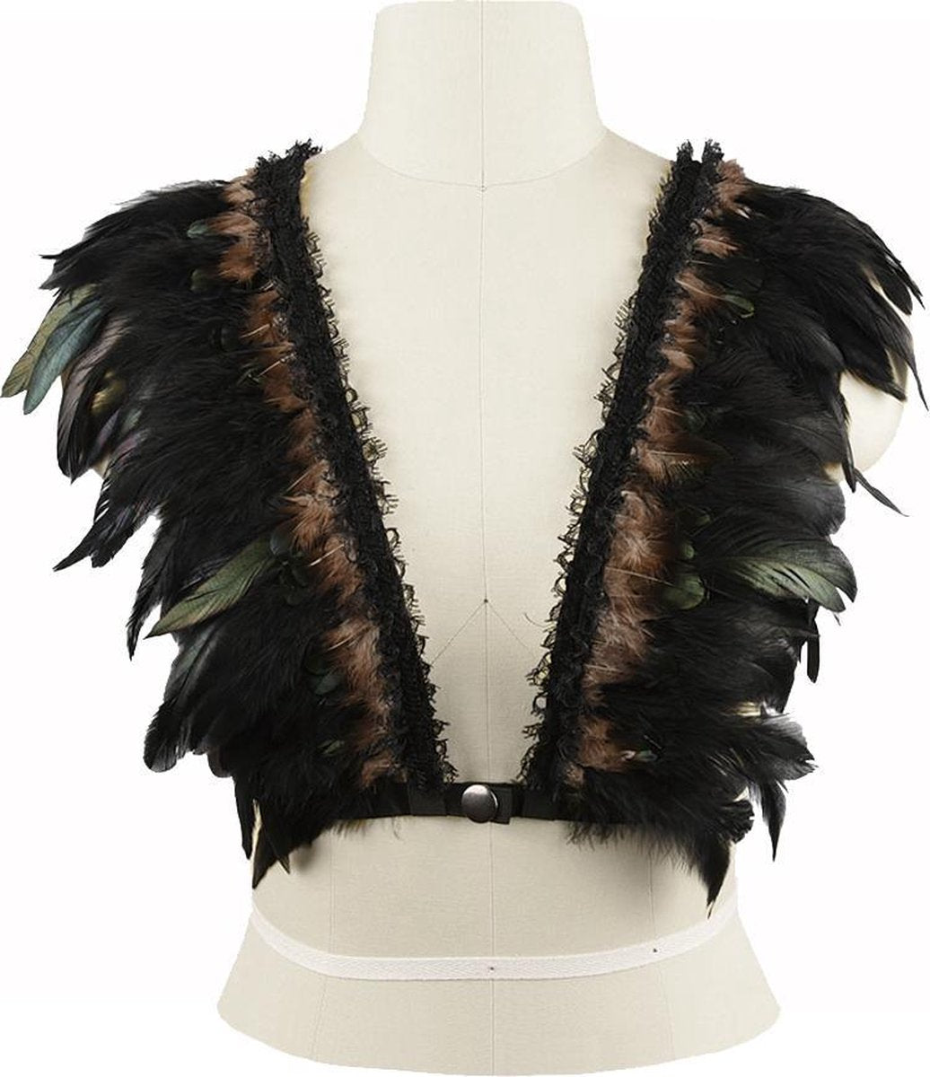 Veren top zwart XS S M steampunk Burning Man topje veertjes sexy crop