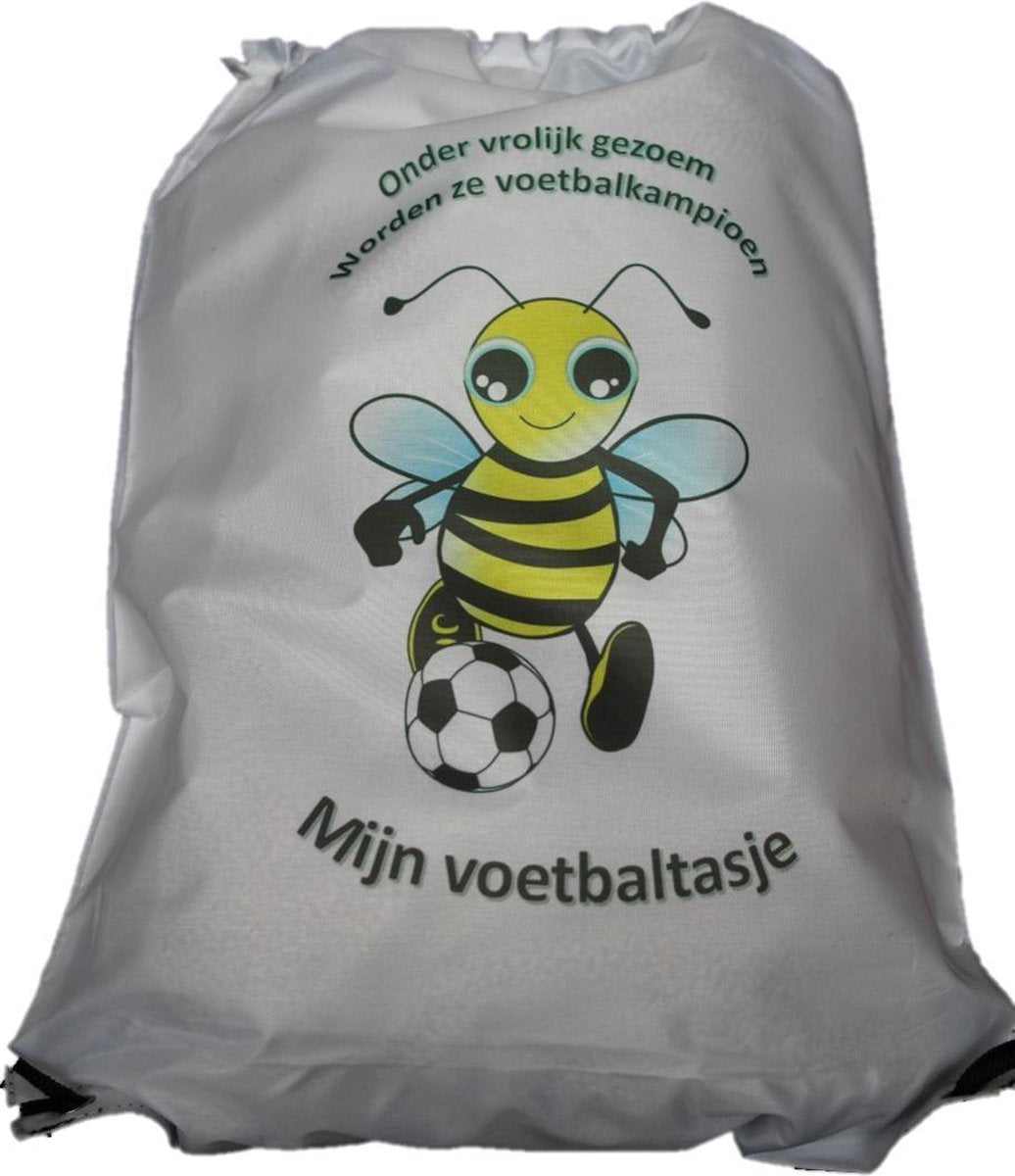 Voetbaltasje "VOETBALLENDE BIJ" wit - Zwemzakje - Turnzakje - Rugzakje