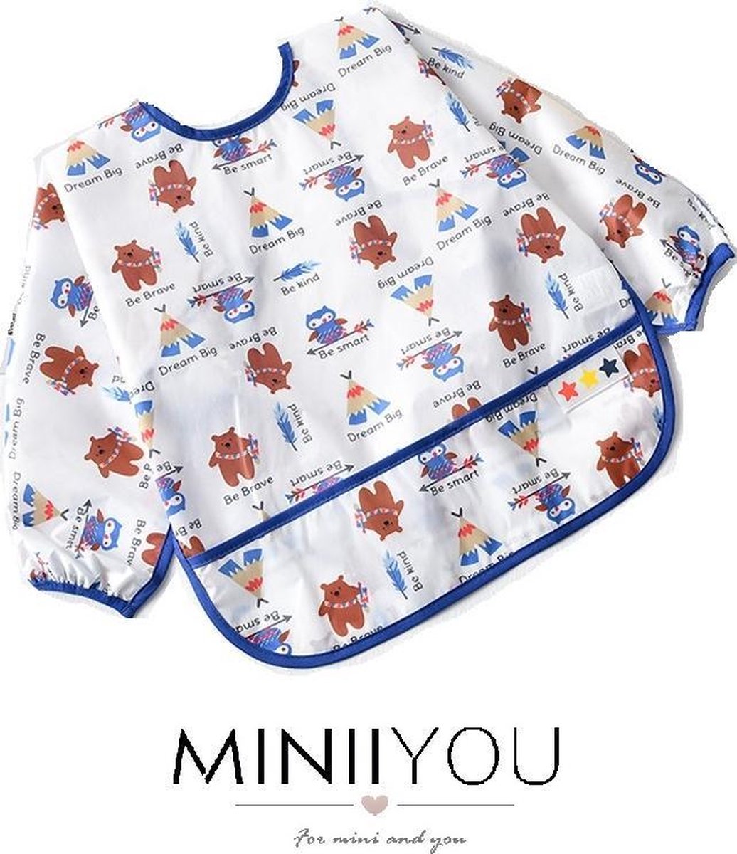 Slabbetje lange mouwen met brede opvangbak (6-24 maanden) - tipi tent - baby en dreumes - kliedershort - knutselshort - waterproof - waterdicht - wasbaar