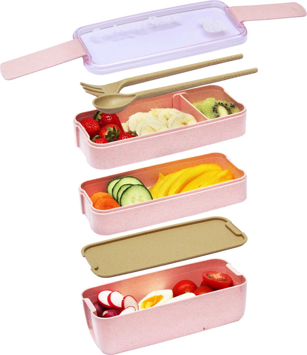 Roze Lunchbox van ColourFam® | Duurzaam en Ecologische Bento Lunchbox | 3 compartimenten Inclusief Bestek | Lunchbox voor Volwassenen en Kinderen
