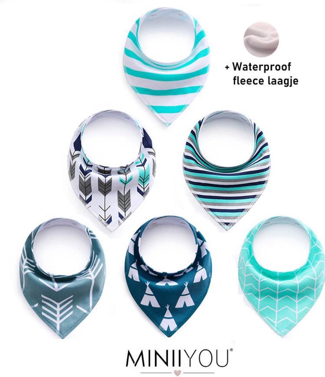 MINIIYOU Bandana Kwijlalabbetjes - Mintgroen - 6 Stuks - Puntslabbetjes - Waterproof Laagje