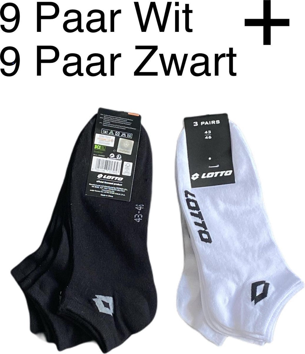 9 paar Zwart + 9 paar Wit LOTTO  Sneakersokken Unisex Maat 43-46. BULK-VOORDEEL!!