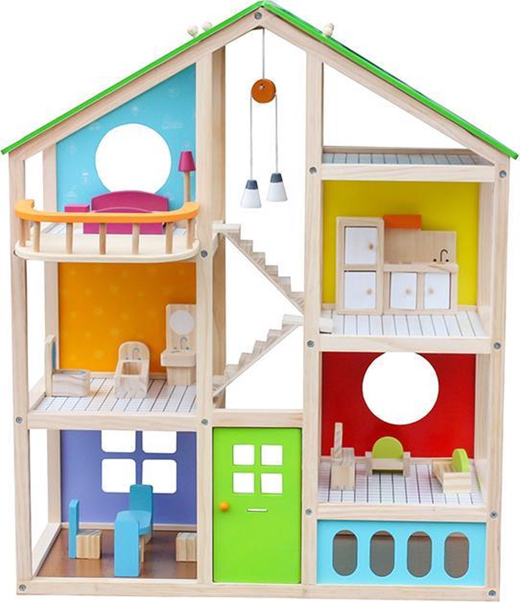 I-CiGo - Houten Poppenhuis - gemeubileerd - 73cm hoog - gratis poppen -Twee Kleuren zonnepanelen