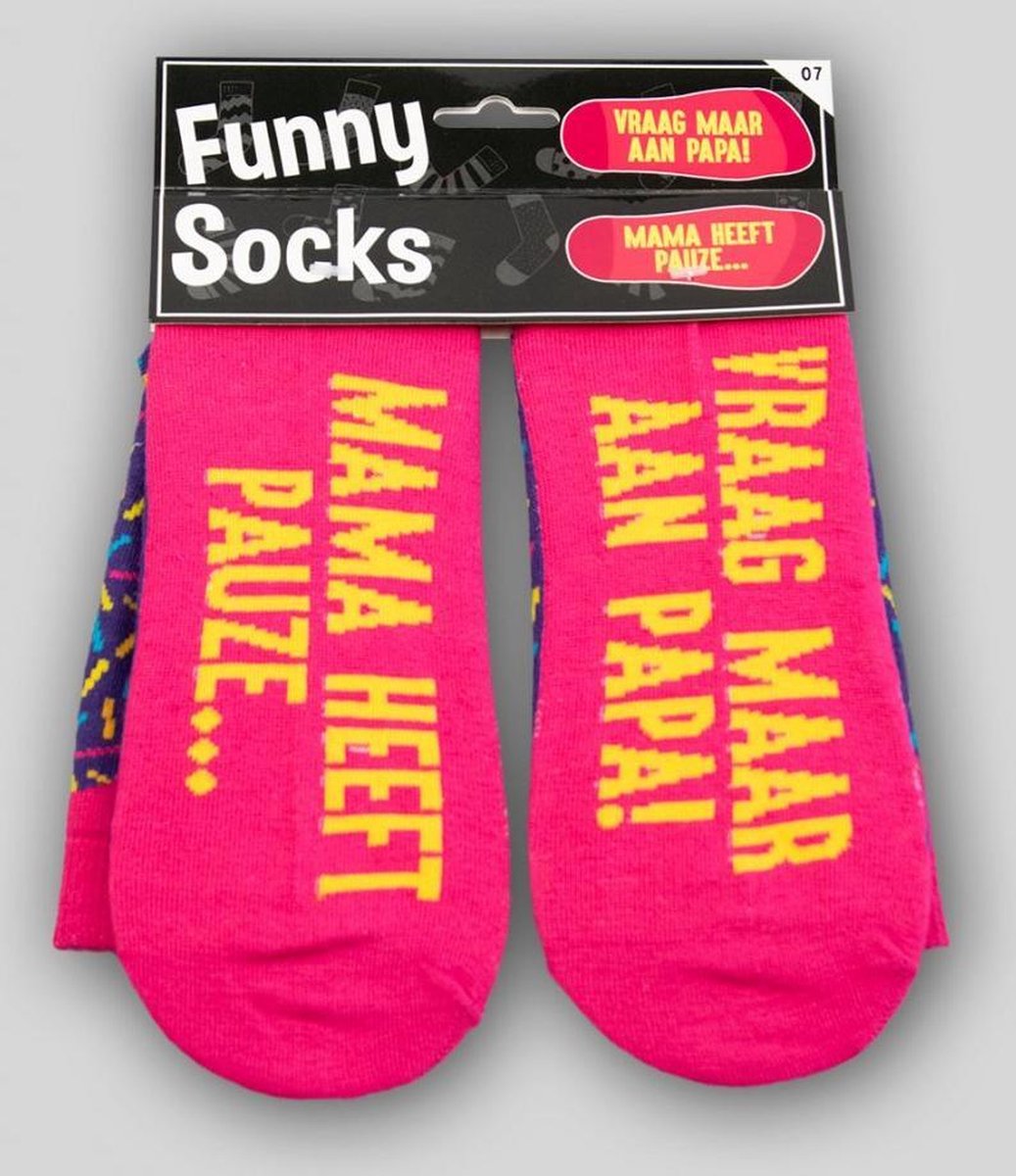 Moederdag - Sokken - Funny socks - Vraag maar aan Papa! Mama heeft pauze - In cadeauverpakking met gekleurd lint