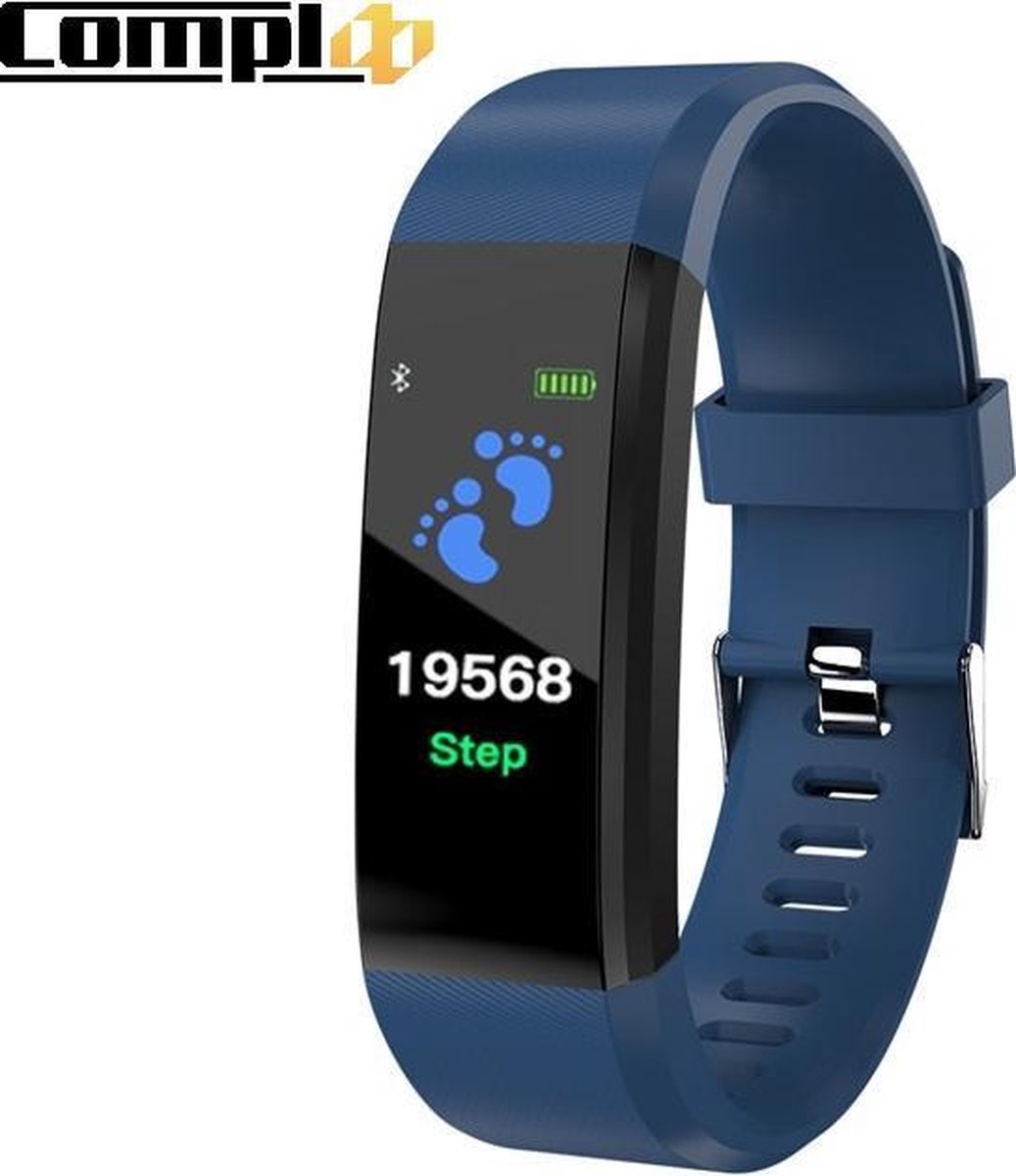 Compl8 - Stappenteller - Sport horloge -Hartslagmeter - Bloeddrukmeter - Afstandmeter- Online Nederlandse handleiding - IOS & Android- Blauw
