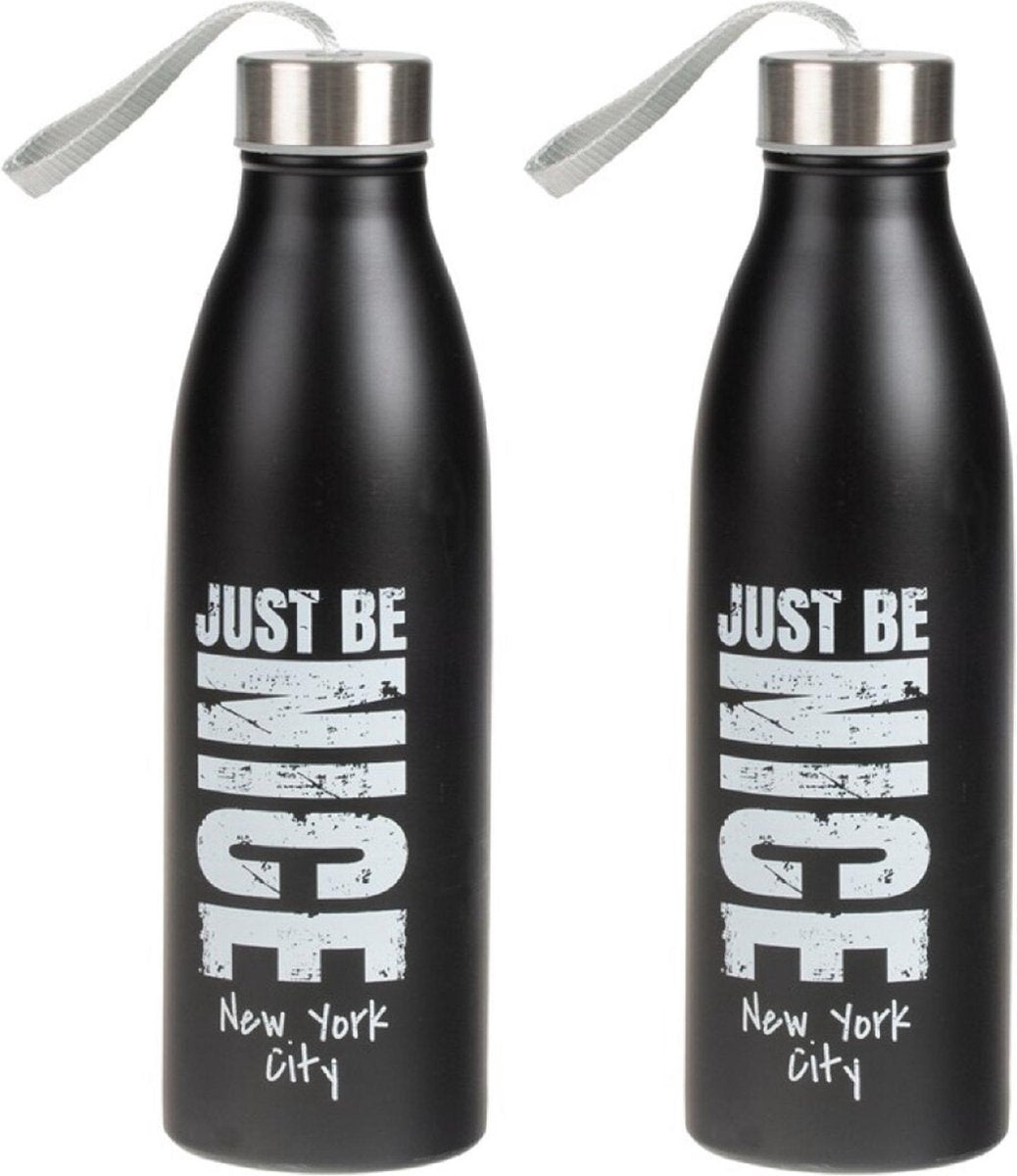 2x Sport Bidon drinkfles/waterfles New York City print zwart 750 Ml van Rvs