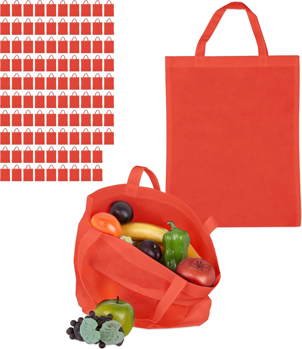 relaxdays 100 x boodschappentas - stoffen tas - effen gekleurd opvouwbaar - 50x40 – rood