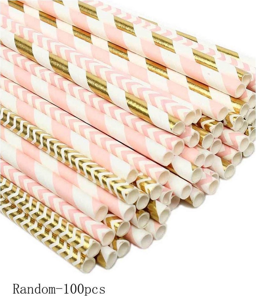 100 stuks papieren rietjes roze - goudkleur