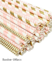 100 stuks papieren rietjes roze - goudkleur