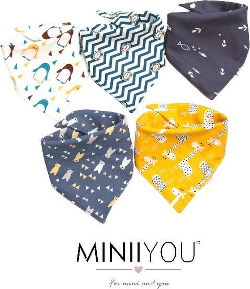 5- pack - Bandana slabbetjes - pinguin beer - 2-laags Katoen - Puntslabbetjes - kwijlslabbetjes