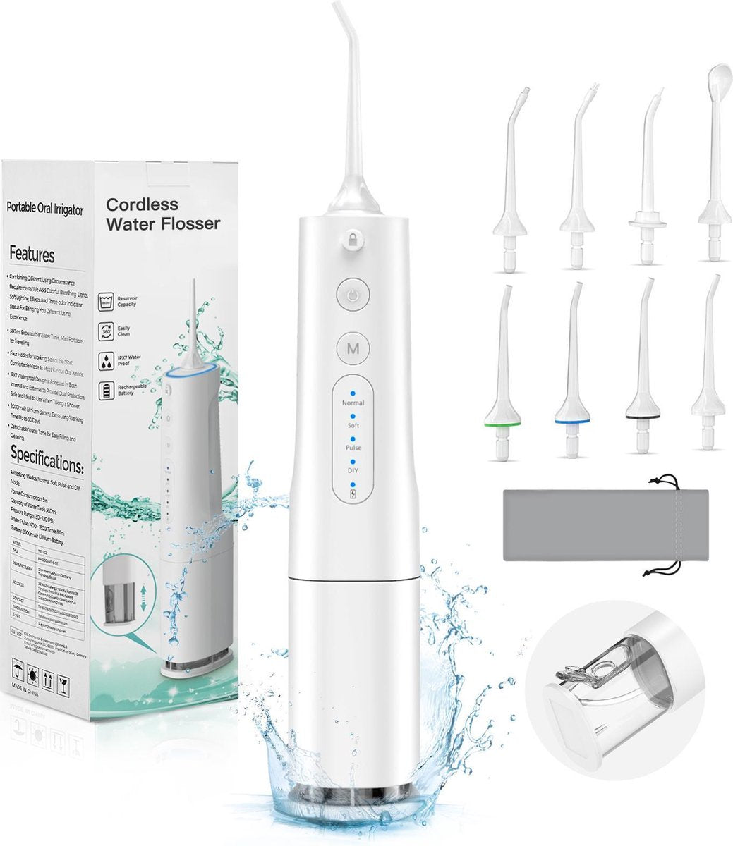 Bestope Draadloze Waterflosser | Monddouche | Flosapparaat | 8 Opzetstukken | 4  Reinigingsstanden | 360ml watertank