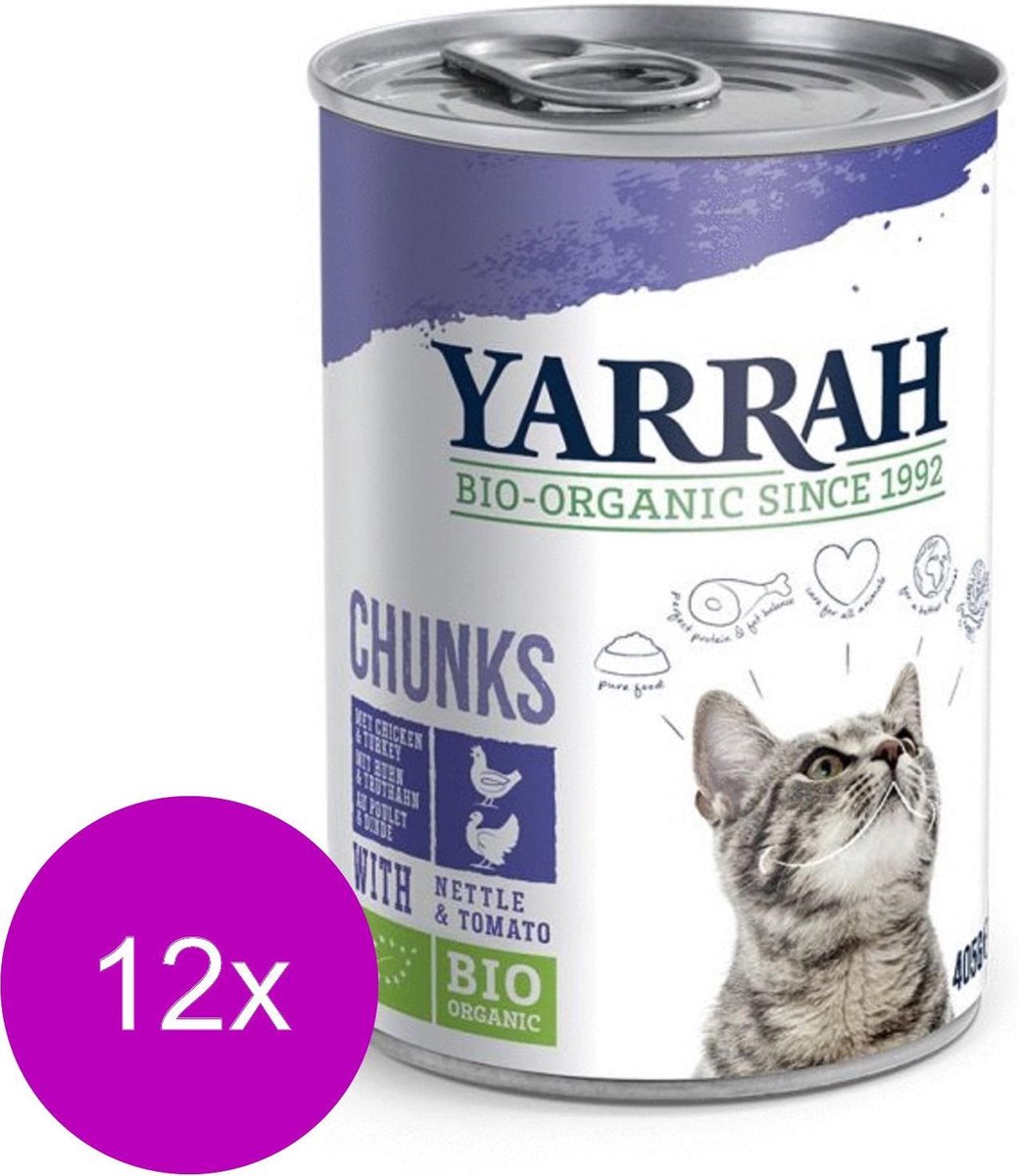 Yarrah Bio Kat Blik Chunks - Kip & Kalkoen - Kattenvoer - 12 x 405 g