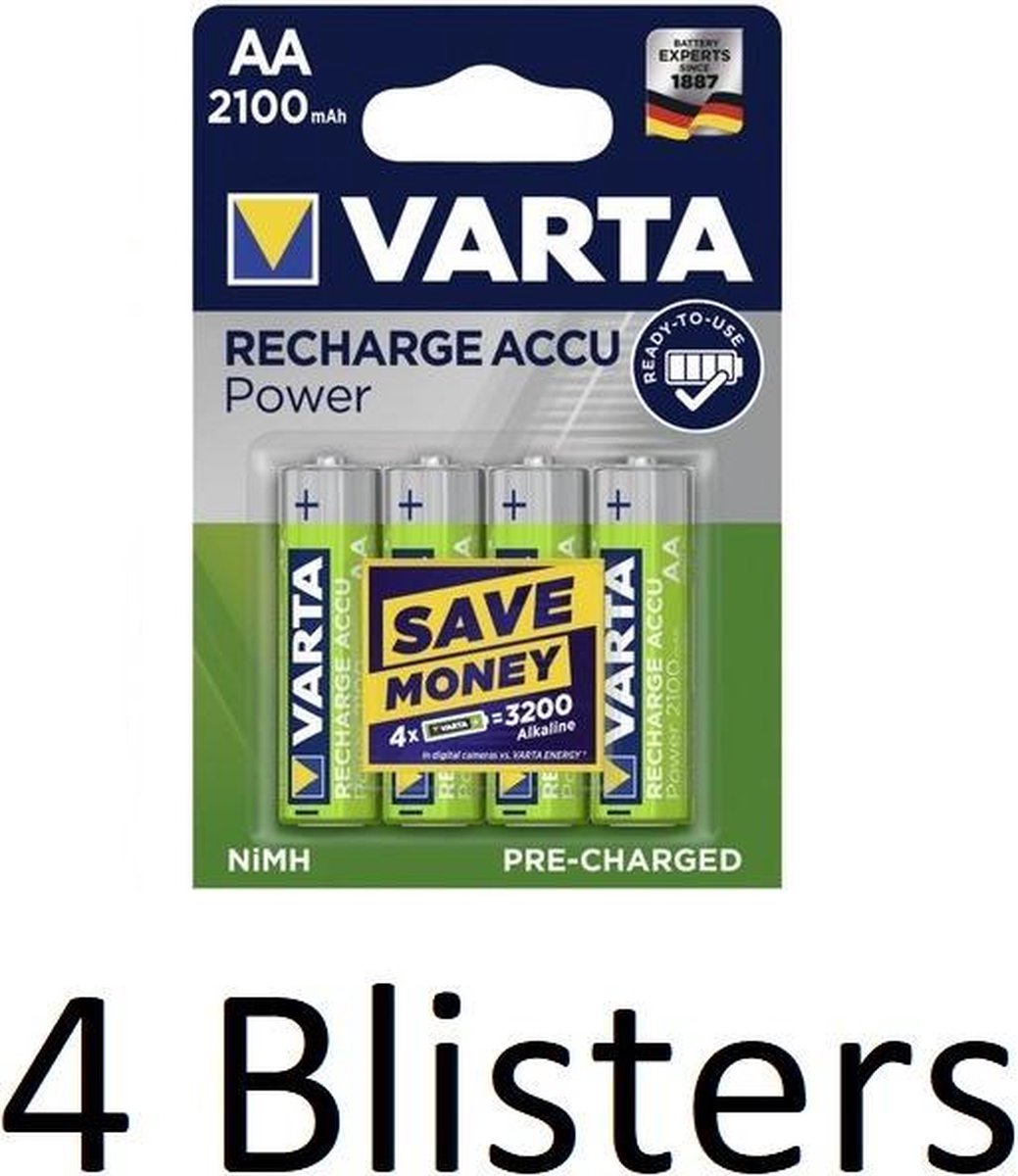 16 Stuks (4 Blisters a 4 st) Varta Oplaadbare Batterij Recharge Accu Power AA 2100mAh