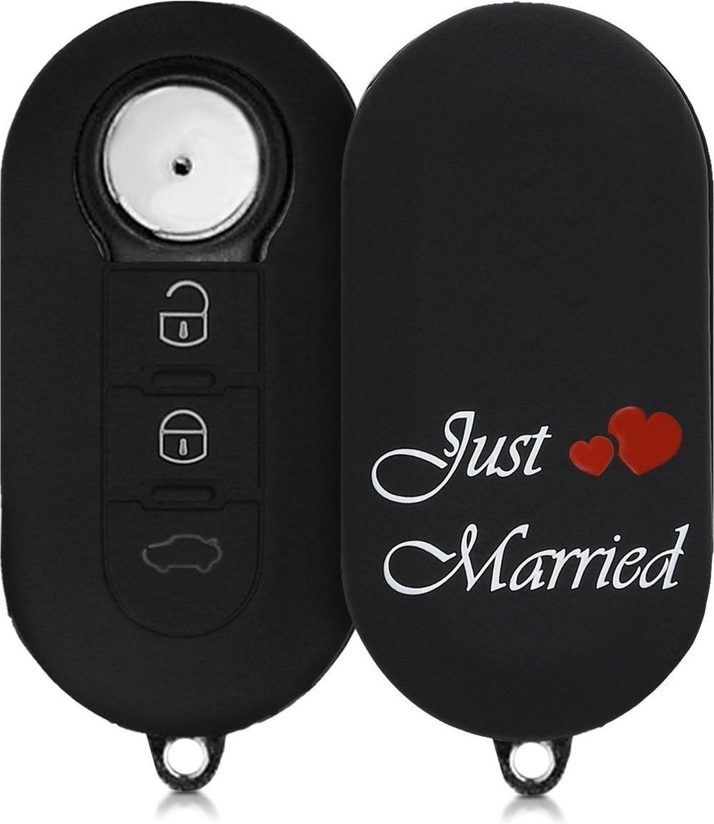 kwmobile autosleutelhoes voor Fiat Lancia 3-knops inklapbare autosleutel - Siliconen beschermhoes in wit / rood / zwart - Just Married design