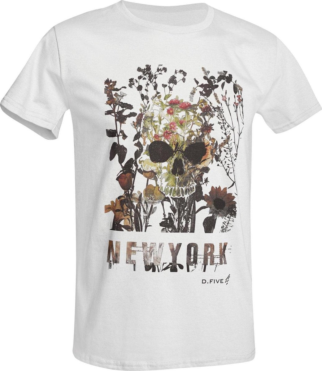 D.five T-shirt Skull With Flowers Heren Katoen Wit Maat Xl