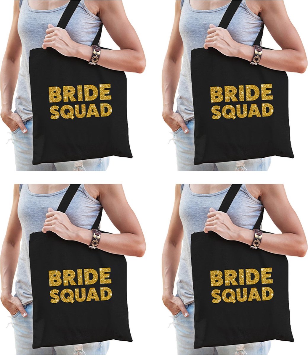 6x Bride Squad vrijgezellenfeest tasje zwart goud dikke letters/ goodiebag dames - Accessoires vrijgezellen party vrouw
