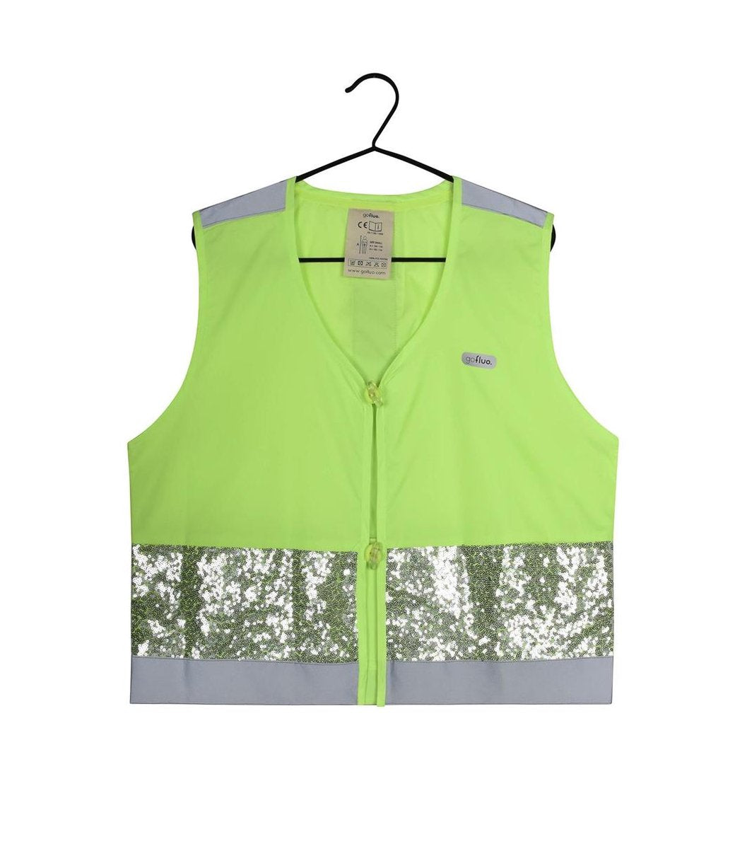 gofluo. Gloria Veiligheidshesje - Reflecterend hesje - Fluoriserend - Veiligheidsvest - Glitters - Reflectie jas - Zichtbaarheid in het donker - Veilig de weg op - Geel - XS