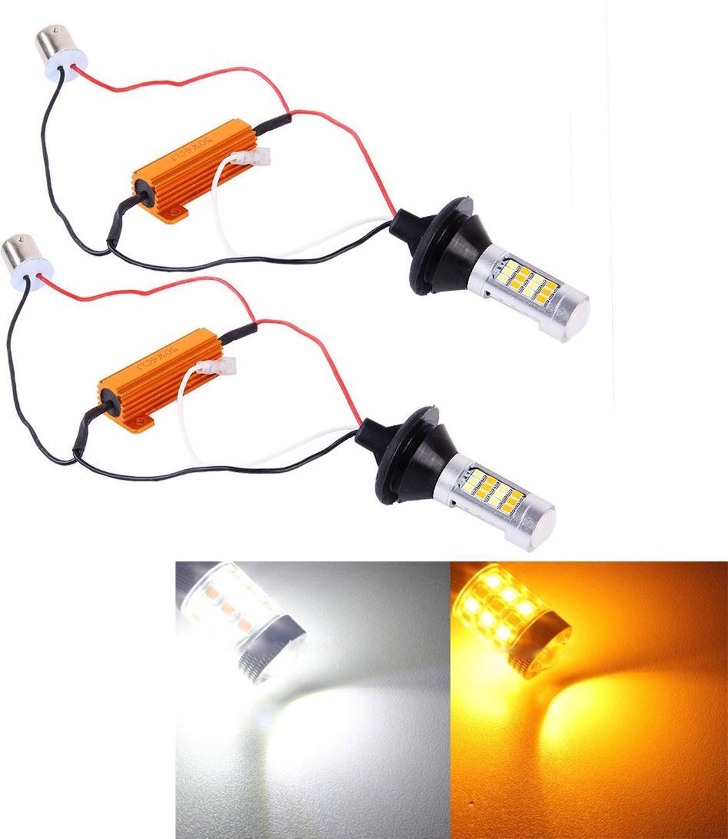 2 STUKS 1156 / BA15S / BAU15S 10W 1000 LM 6000K Wit + geel licht DRL & licht draaien met 42 SMD-2835-LED-lamp
